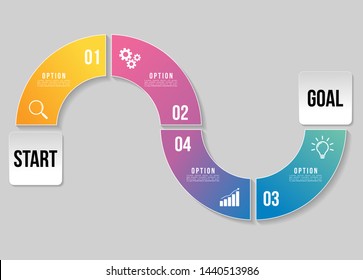 Timeline Infographic Design Template with 4 Options Steps. Start to goal line process. Used for info graph, presentations, process, diagrams, annual reports, workflow layout. Vector Illustration
