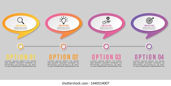Timeline Infographic Design Template with 4 Options Steps. Start to goal line process. Used for info graph, presentations, process, diagrams, annual reports, workflow layout. Vector Illustration