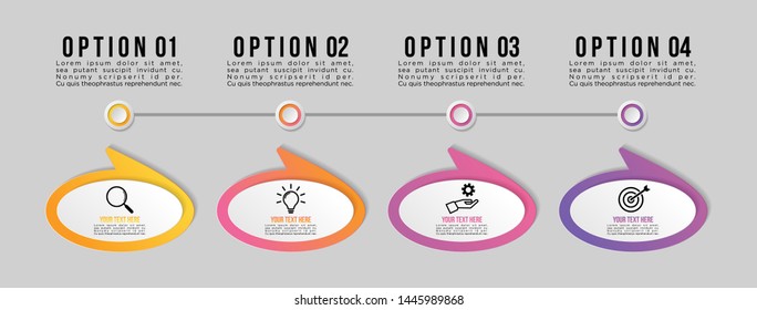 Timeline Infographic Design Template with 4 Options Steps. Start to goal line process. Used for info graph, presentations, process, diagrams, annual reports, workflow layout. Vector Illustration