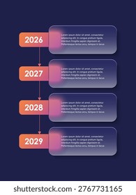 Timeline infographic design template with 4 options or steps. Process diagrams, presentation layout with matte glass effect.