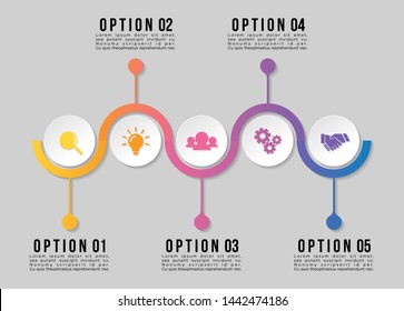 Timeline Infographic Design Template with 5 Options Steps. Start to goal line process. Used for info graph, presentations, process, diagrams, annual reports, workflow layout. Vector Illustration