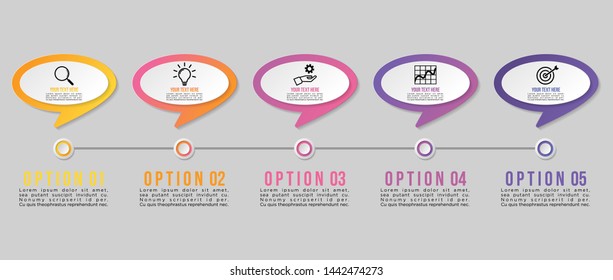 Timeline Infographic Design Template with 5 Options Steps. Start to goal line process. Used for info graph, presentations, process, diagrams, annual reports, workflow layout. Vector Illustration