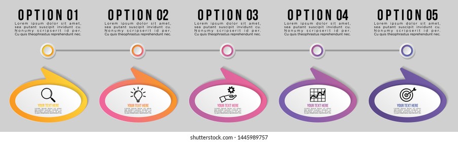 Timeline Infographic Design Template with 5 Options Steps. Start to goal line process. Used for info graph, presentations, process, diagrams, annual reports, workflow layout. Vector Illustration