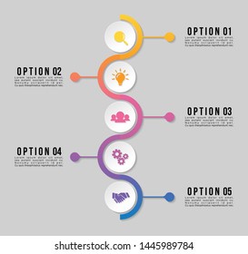 Timeline Infographic Design Template with 5 Options Steps. Start to goal line process. Used for info graph, presentations, process, diagrams, annual reports, workflow layout. Vector Illustration