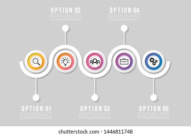 Timeline Infographic Design Template with 5 Options Steps. Start to goal line process. Used for info graph, presentations, process, diagrams, annual reports, workflow layout. Vector Illustration