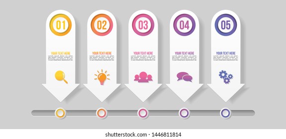 Timeline Infographic Design Template with 5 Options Steps. Start to goal line process. Used for info graph, presentations, process, diagrams, annual reports, workflow layout. Vector Illustration