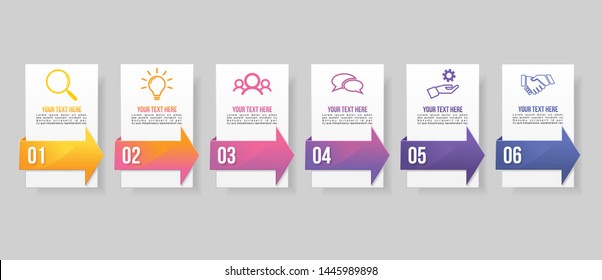 Timeline Infographic Design Template with 6 Options Steps. Start to goal line process. Used for info graph, presentations, process, diagrams, annual reports, workflow layout. Vector Illustration