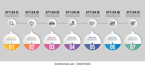 Timeline Infographic Design Template with 7 Options Steps. Start to goal line process. Used for info graph, presentations, process, diagrams, annual reports, workflow layout. Vector Illustration
