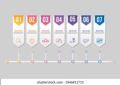Timeline Infographic Design Template with 7 Options Steps. Start to goal line process. Used for info graph, presentations, process, diagrams, annual reports, workflow layout. Vector Illustration