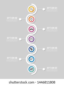 Timeline Infographic Design Template with 7 Options Steps. Start to goal line process. Used for info graph, presentations, process, diagrams, annual reports, workflow layout. Vector Illustration