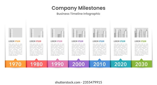 Timeline infographic design template with 7 milestones of business growth. Vector illustration.