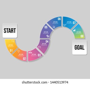 Timeline Infographic Design Template with 8 Options Steps. Start to goal line process. Used for info graph, presentations, process, diagrams, annual reports, workflow layout. Vector Illustration