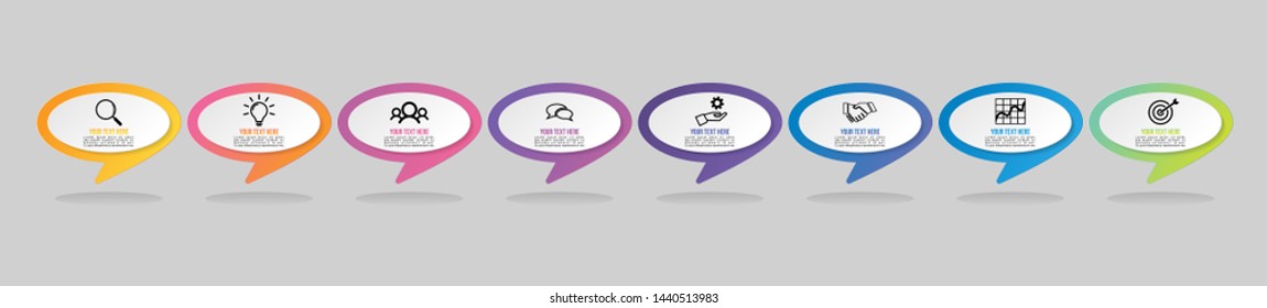 Timeline Infographic Design Template with 8 Options Steps. Start to goal line process. Can be used for info graph, presentations, process,diagrams, annual reports, workflow layout. Vector Illustration