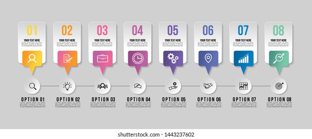 Timeline Infographic Design Template with 8 Options Steps. Start to goal line process. Used for info graph, presentations, process, diagrams, annual reports, workflow layout. Vector Illustration