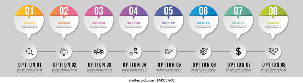 Timeline Infographic Design Template with 8 Options Steps. Start to goal line process. Used for info graph, presentations, process, diagrams, annual reports, workflow layout. Vector Illustration