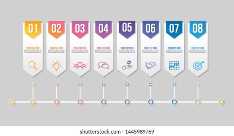 Timeline Infographic Design Template with 8 Options Steps. Start to goal line process. Used for info graph, presentations, process, diagrams, annual reports, workflow layout. Vector Illustration