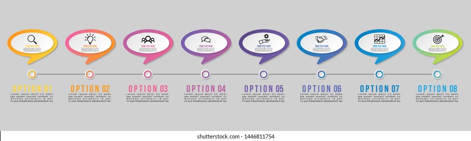 Timeline Infographic Design Template with 8 Options Steps. Start to goal line process. Used for info graph, presentations, process, diagrams, annual reports, workflow layout. Vector Illustration