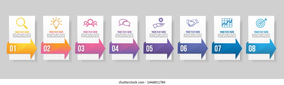 Timeline Infographic Design Template with 8 Options Steps. Start to goal line process. Used for info graph, presentations, process, diagrams, annual reports, workflow layout. Vector Illustration