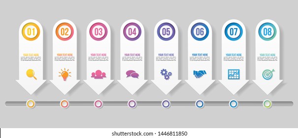 Timeline Infographic Design Template with 8 Options Steps. Start to goal line process. Used for info graph, presentations, process, diagrams, annual reports, workflow layout. Vector Illustration