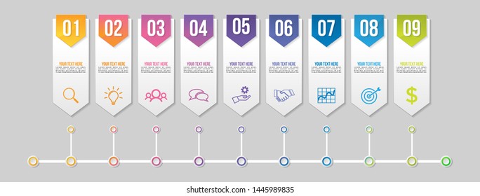 Timeline Infographic Design Template with 9 Options Steps. Start to goal line process. Used for info graph, presentations, process, diagrams, annual reports, workflow layout. Vector Illustration