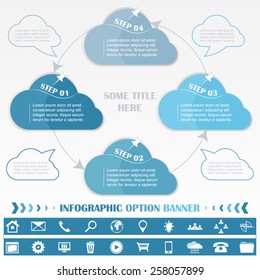 Timeline infographic design template with blue cloud tags/design with place for your content or creative editing with the possibility to insert different icons