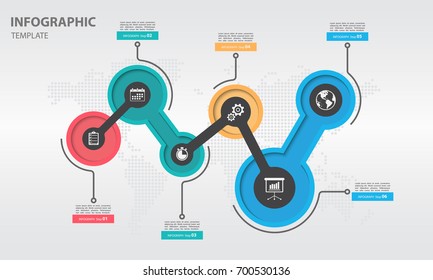 Timeline infographic design template with circle 6 option