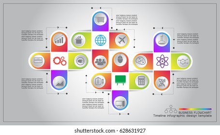 Timeline infographic design template. flowchart layout, diagram processes, workflow, business icons.