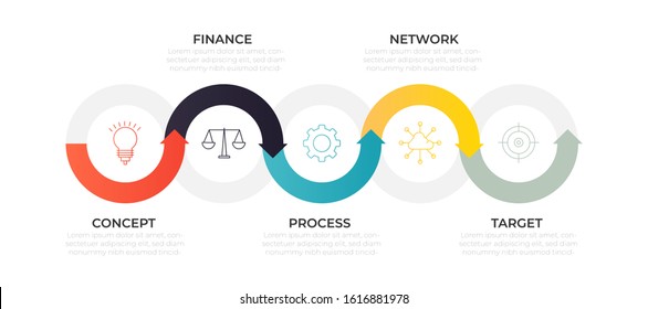 Timeline infographic design template with icons and five connected circle options or steps. Modern vector for company and corporate business project and presentation.