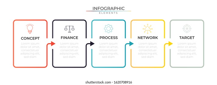 Timeline infographic design template with icons and five steps. Vector for company or corporate business project and presentation.