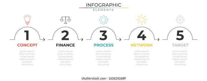 Timeline infographic design template with icons and five options or steps. Vector for company and corporate business project and presentation. Eps 10