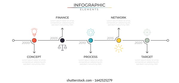 Timeline infographic design template with icons and five steps or options. Data process visualization. Vector for company and corporate business project and presentation. Eps 10