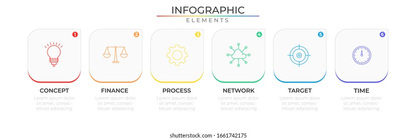 Timeline infographic design template with icons and six rectangle options or steps. Modern vector for company and corporate business project and presentation.
