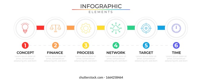 Timeline infographic design template with icons and six circle process. Vector illustration for company and corporate business project and presentation. Eps 10