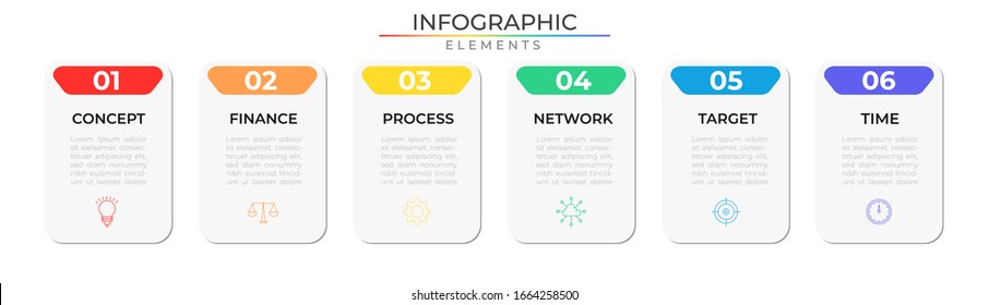 Timeline infographic design template with icons and six realistic rectangle options. Data process visualization. Vector illustration for company and corporate business project and presentation. Eps 10