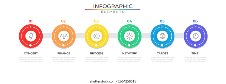 Timeline infographic design template with icons and six connected circle elements. Vector illustration for company and corporate business project and presentation. Eps 10