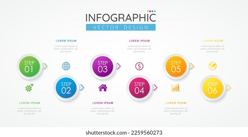 Timeline infographic design template with icons and 6 options or steps. Abstract elements of graph, diagram, parts or processes. Vector template for presentation.