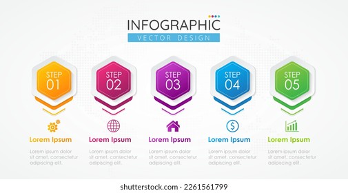 Timeline infographic design template with icons and 5 options or steps. Abstract elements of graph, diagram, parts or processes. Vector template for presentation.