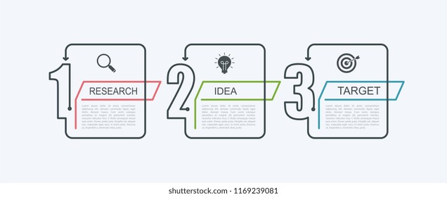 Timeline infographic design template with step structure. Business concept with 3 options pieces or steps. Block diagram, information graph, presentations banner, workflow.
