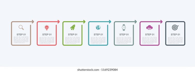 Timeline infographic design template with step structure. Business concept with 7 options pieces or steps. Block diagram, information graph, presentations banner, workflow.