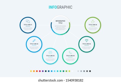 Timeline infographic design vector. 6 options, circle workflow layout. Vector infographic timeline template. Cold palette.