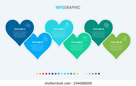 Timeline infographic design vector. 6 options, hearts workflow layout. Vector infographic timeline template. Cold palette.