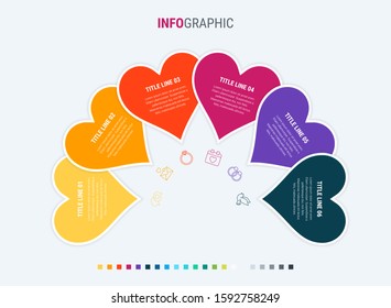 Timeline infographic design vector. 6 options, heart workflow layout. Vector infographic timeline template. Warm palette.