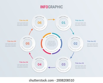 Vector de diseño infográfico de línea de tiempo. 6 pasos, diseño de flujo de trabajo redondeado. Plantilla de línea de tiempo de infografía vectorial.