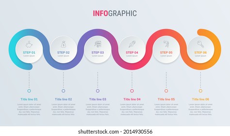 Timeline infographic design vector. 6 options, circle workflow layout. Vector infographic timeline template.
