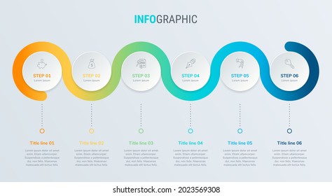 Timeline infographic design vector. 6 options, circle workflow layout. Vector infographic timeline template.
