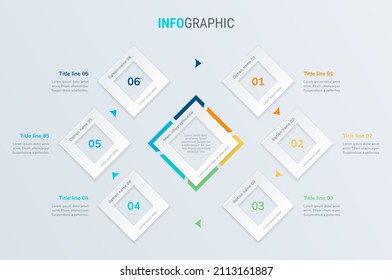 Timeline infographic design vector. 6 steps, square workflow layout. Vector infographic timeline template.