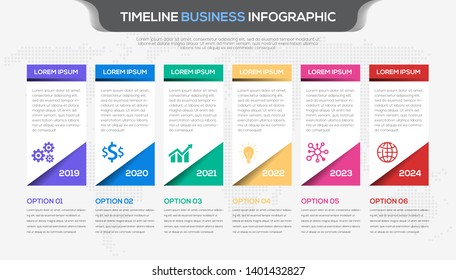 Timeline infographic design vector and  business icons suitable for workflow layout, diagram, annual report. Colorful 3D paper label isolated on world map dots template. 