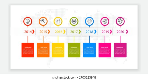 Los iconos de vectores y de negocios de diseño gráfico de línea de tiempo se pueden utilizar para el diseño del flujo de trabajo, el diagrama y la presentación de informes anuales. Escala de infografías vectoriales.editable