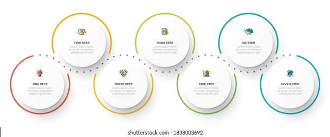 Timeline infographic design vector with icon and 7 options. Can be used for workflow diagram, info chart, annual report.