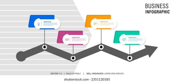 Vector de diseño infográfico de línea de tiempo con opciones de número y 4 pasos. Se puede utilizar para el diagrama de flujo de trabajo, gráfico de información, informe anual.
